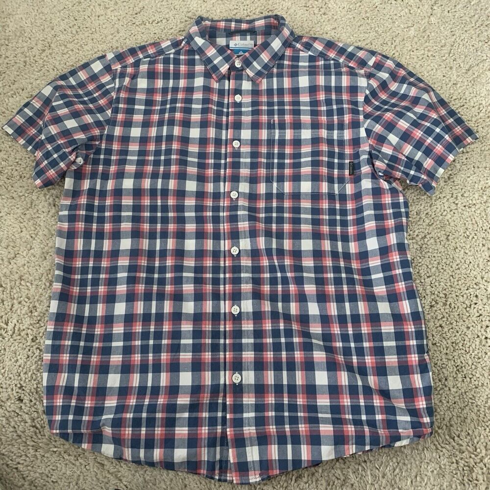 Columbia Shirt Mens Large Blue Plaid Short Sleeve Woven Casual Pocket